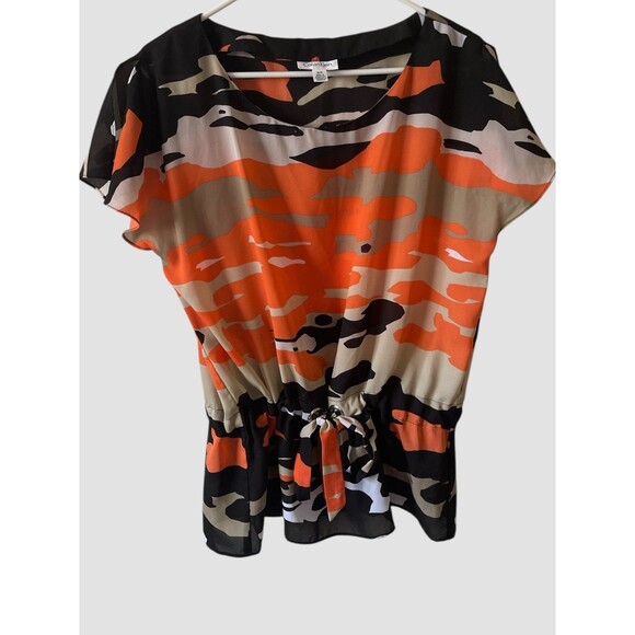 Women’s Tunic Top Blouse Calvin Klein Camo Orange Drawstring Waist Size SM - Picture 1 of 5